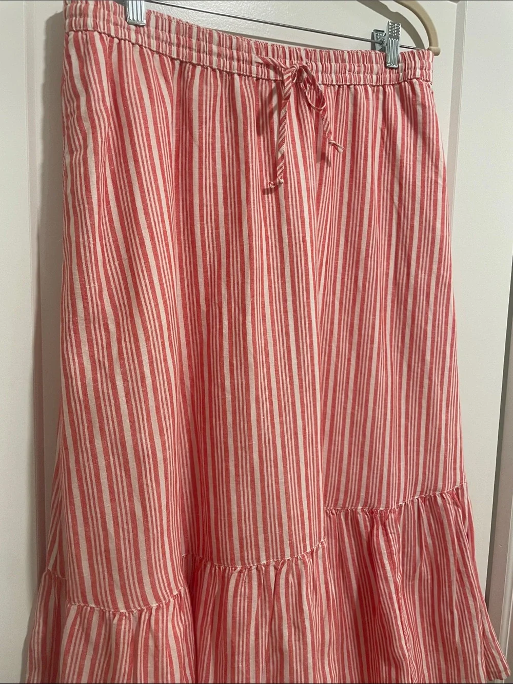Talbots Linen-blend Pink and White Striped Tiered Drawstring Skirt